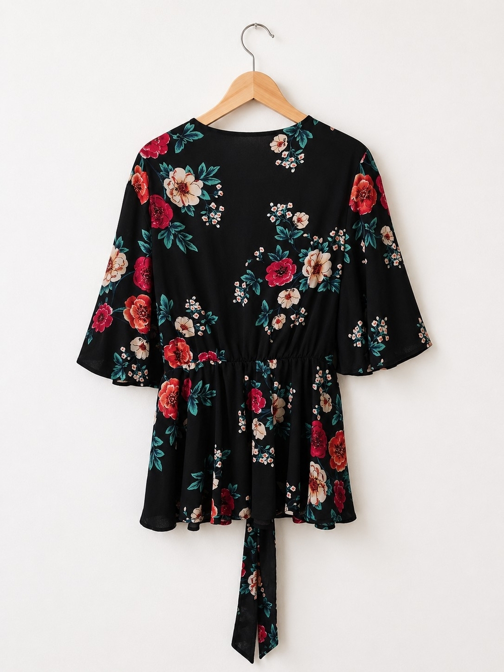 Boho Floral Kimono Sleeve Wrap Top Black Pink Teal Tie Front Peplum Blouse Women - Picture 4 of 8